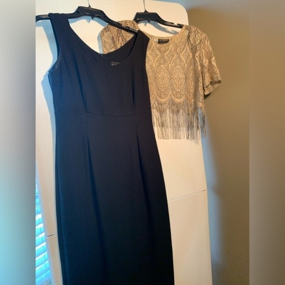 Black Gold two piece Maxi Dress. virgo. women. Size 6. Fringe Party. Sheeth.